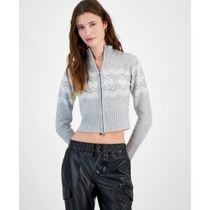 Planet Heart Juniors' Fair Isle Zip-Front Sweater - Light Heather Grey, S